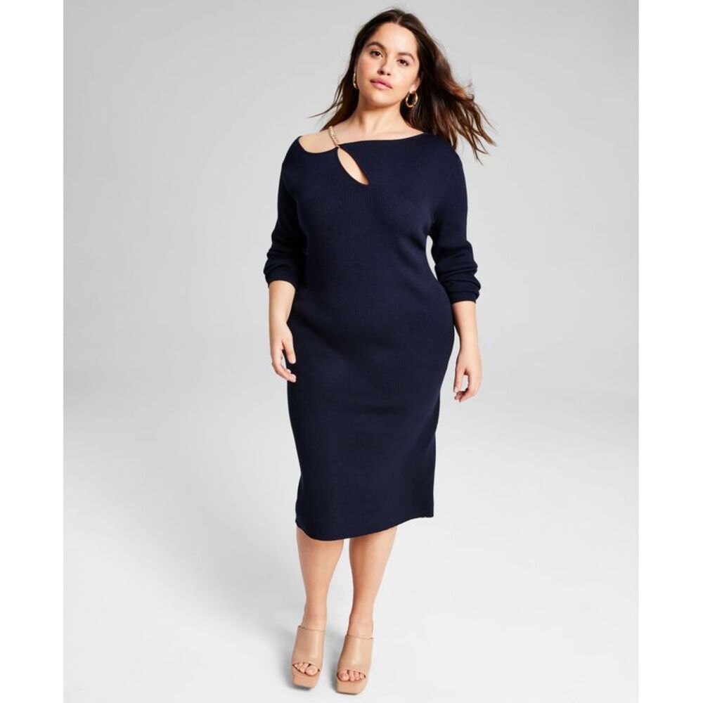 And Now This Trendy Plus Size Chain Strap Ribbed Knit Sweater Dress